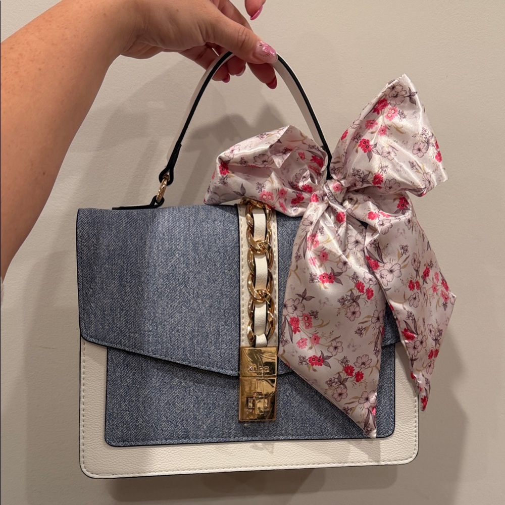 👖 NWT~ALDO Blue Denim & White Top-Handle Satchel with Floral Bow